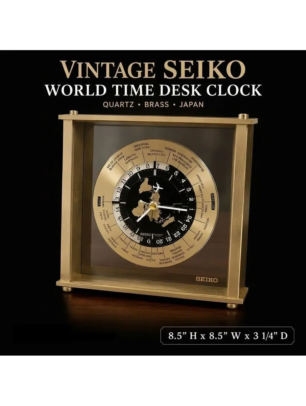 Vintage Seiko World Time Desk Clock Quartz Brass Glass Japan QZ885A Working 8.5